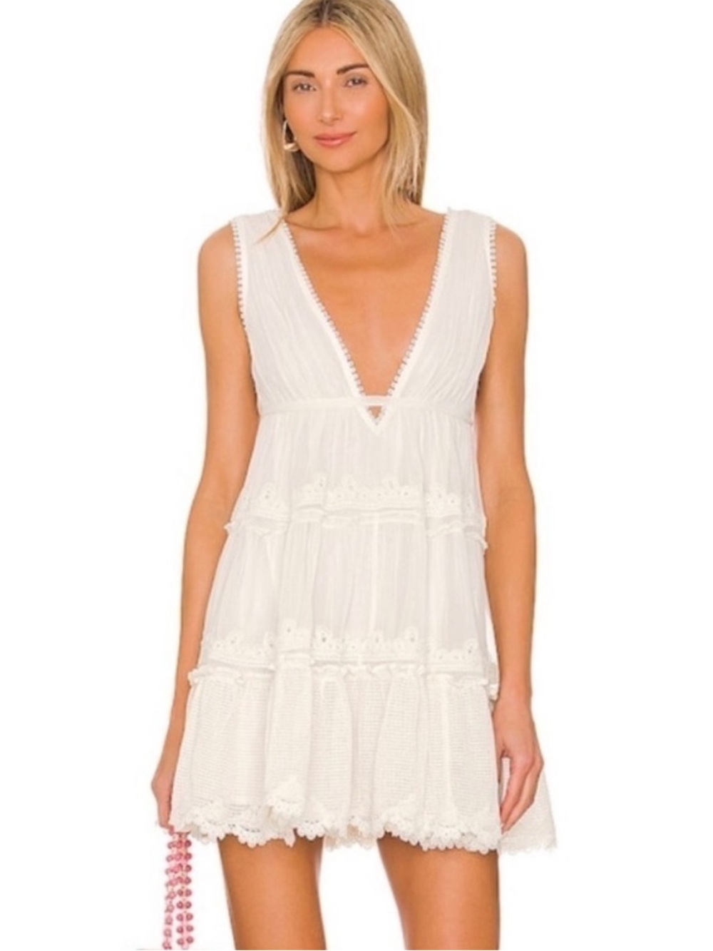 Rococo Sand White Tiered Lace Mini Dress